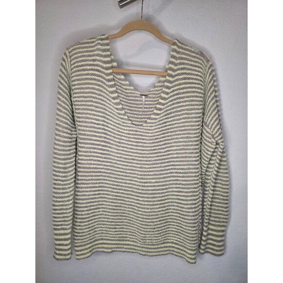 Free People Striped V-Neck Sweater Medium Gray Yellow Fuzzy Knit Pullover - Picture 1 of 8